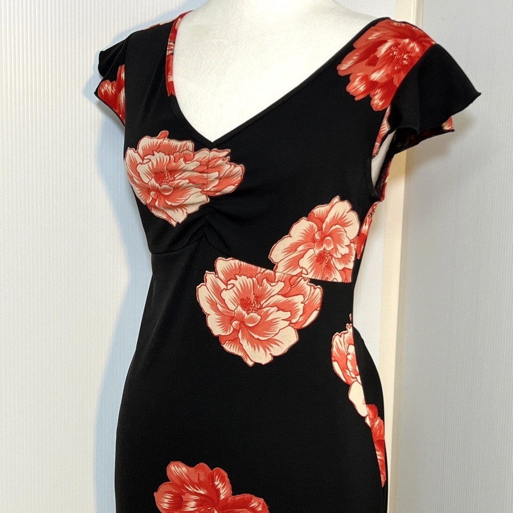 Vintage BCBG Max Azria Dress S Dark Floral Empire Waist Flutter Sleeve Y2K